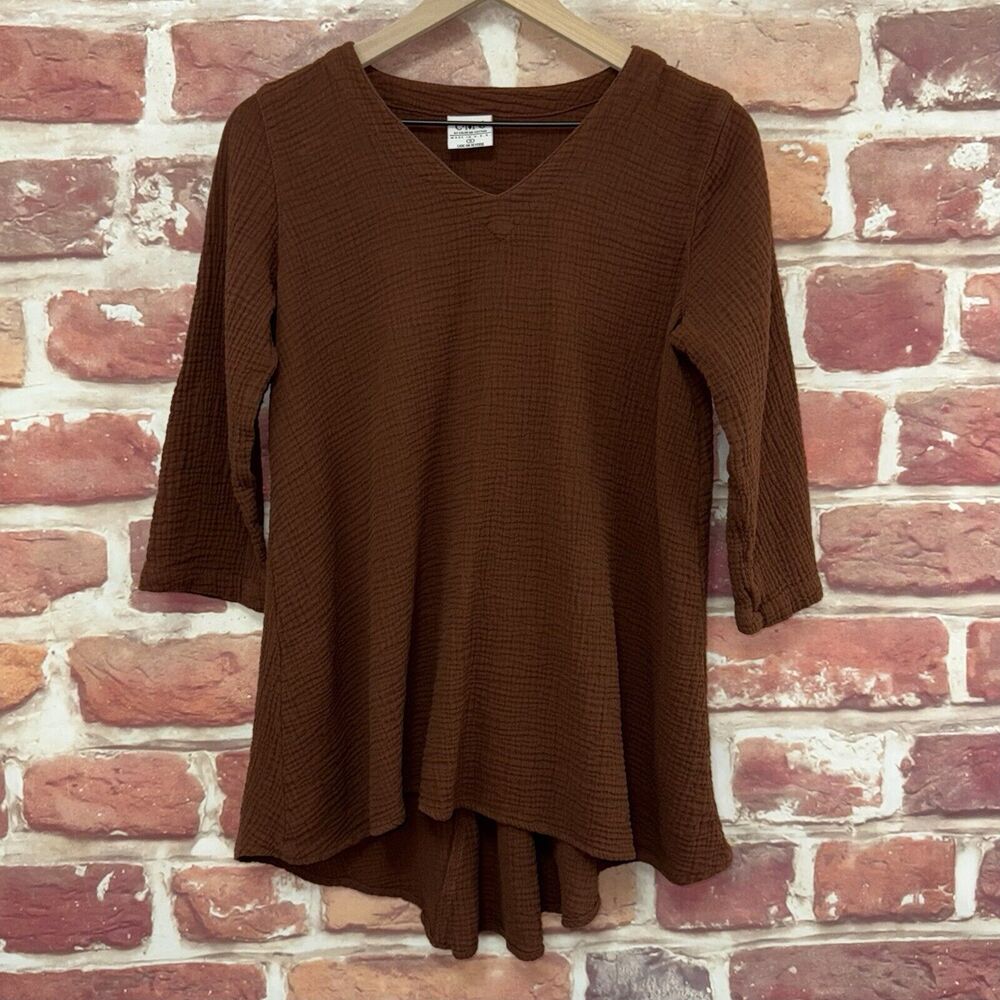 Color Me Cotton CMC Top Shirt Women's Small Brown Button Accent Back Popover - Picture 7 of 9